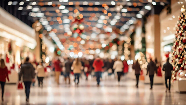 Blurred image of people walking in the shopping mall during Christmas holidays