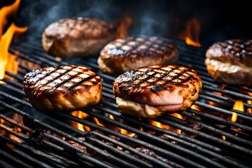 pork meat barbecue burgers for hamburger prepared grilled on bbq fire flame grill