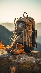 Low Shot of a Trekking Backpack Placed on a Rock at the Feet of some Mountains with a Pair of Brown and Muddy Hiking Shoes Placed at the Bottom. Trekking Kit.