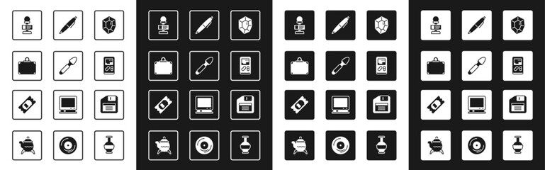 Set Gem stone, Silver spoon, Suitcase, Microphone, Portable video game console, Pen, Floppy disk and Cinema ticket icon. Vector