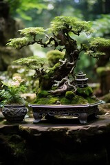 A Professional Close up of an Old Bonsai on a Stone Pedestal Placed on a Big Mossy Rock Natural Shot, insane Green Composit.