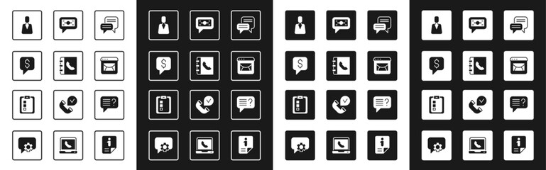 Set Speech bubble chat, Phone book, Paid support, Employee, Mail and e-mail, Stacks paper money cash, Unknown search and Online quiz, test, survey icon. Vector