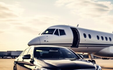 Obraz na płótnie Canvas Lavish Car Parked Next to a Private Jet on a Runway Generative AI