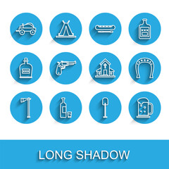 Set line Tomahawk axe, Whiskey bottle and glass, Wild west covered wagon, Shovel, Wooden beer mug, Revolver gun, Horseshoe and Church building icon. Vector