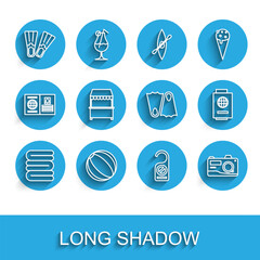 Set line Towel stack, Beach ball, Rubber flippers, Please do not disturb, Photo camera, Street stall with awning, Passport ticket and icon. Vector