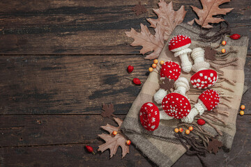 Autumn cozy mood composition. Crocheted amanita mushroom, handmade, fall hobby concept
