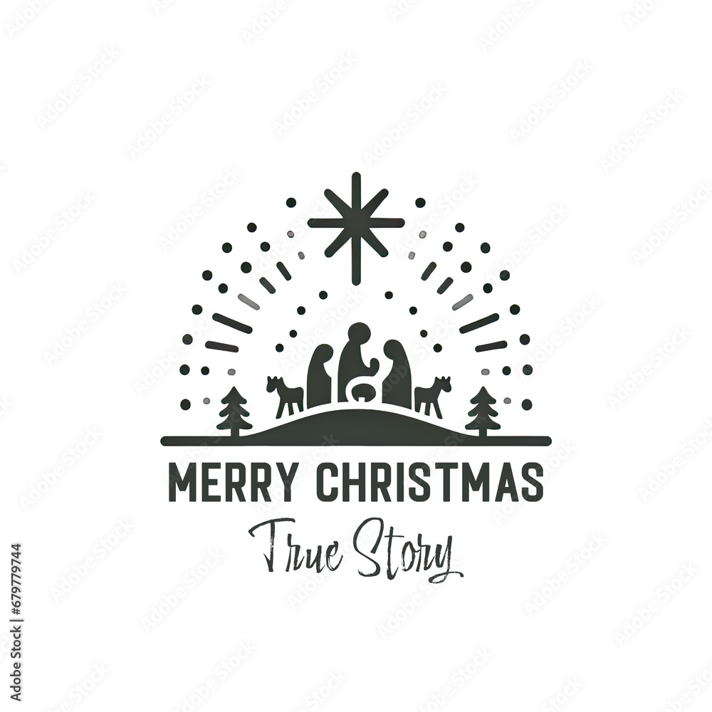 Wall mural logo of mary, joseph with baby jesus in a manger. nativity of jesus. christmas concept with text mer