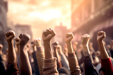 Group of people clench their fists and raise their hands. Portrait of demonstration, activist protesting. Generative AI