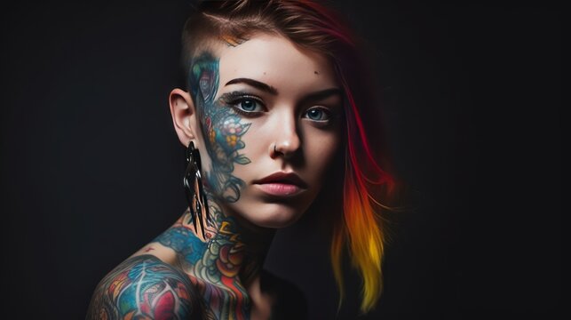 Beautiful tattooed woman studio portrait with colorful tattoos and hair and piercing on her body and face
