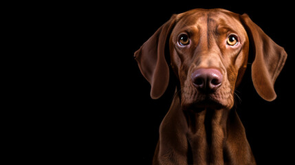 Beautiful red-haired vizsla dog on a black background. Space for text. horizontal image - obrazy, fototapety, plakaty