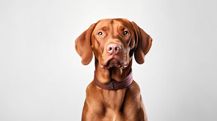 Beautiful red-haired vizsla dog on a white background. Space for text. horizontal image - obrazy, fototapety, plakaty