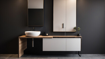 Wash Basin in black tones with hanging and glass cupboards