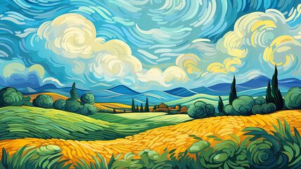 Hand drawn cartoon impressionist style beautiful autumn wheat field illustration
