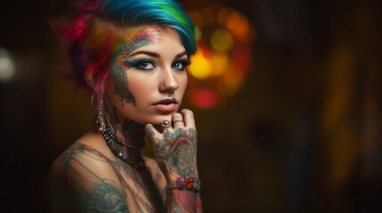 Beautiful tattooed woman studio portrait with colorful tattoos and hair and piercing on her body and face