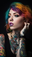 Beautiful tattooed woman studio portrait with colorful tattoos and hair and piercing on her body and face