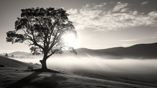  a black and white photo of a tree in the middle of a field with the sun shining through the clouds.