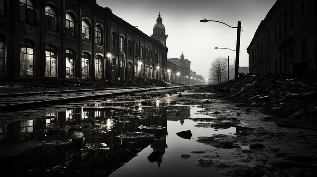  a black and white photo of a city street with puddles of water in the foreground and a clock tower in the background.