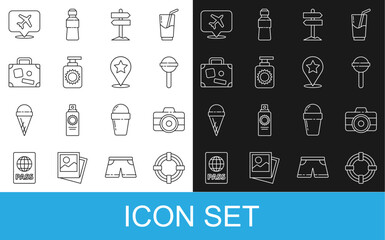 Set line Lifebuoy, Photo camera, Lollipop, Road traffic signpost, Sunscreen spray bottle, Suitcase, Speech bubble with airplane and Map pointer star icon. Vector