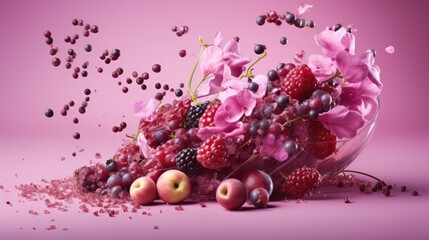  a vase filled with lots of different types of fruit next to a pile of berries and raspberries on a pink background.