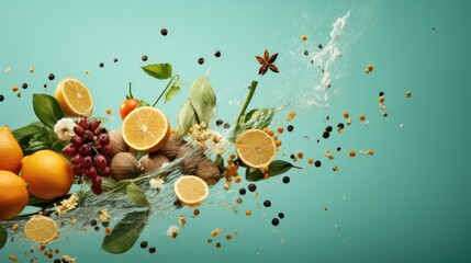  a bunch of oranges, grapes, nuts, and leaves on a blue background with a splash of water.