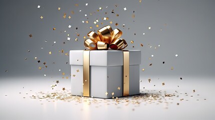  a white gift box with a gold bow and confetti falling out of it on a gray background with gold confetti.