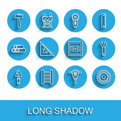 Set line Trowel, Wooden staircase, Hammer, Electric rotary hammer drill, Circular saw blade, Triangular ruler, Wrench spanner and Electrical outlet icon. Vector