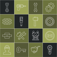 Set line Angle grinder, Electrical outlet, Circular saw blade, Wrench spanner, Paint brush, Bricks, and Wooden axe icon. Vector