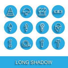 Set line Wrench spanner, Roulette construction, Traffic cone, Hammer, Trowel, Worker safety helmet and Angle grinder icon. Vector