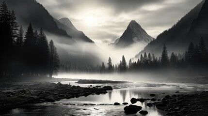  a black and white photo of a river in a forest with mountains in the background and fog in the air.