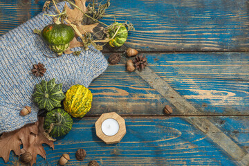 Autumn cozy mood composition. Crocheted pumpkins, handmade, fall hobby concept