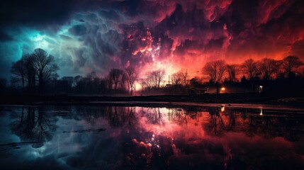  a colorful sky is reflected in a body of water with a reflection of trees in the water and a building in the distance.