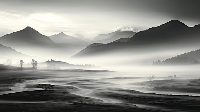  a black and white photo of a mountain range with a stream in the foreground and fog in the background.