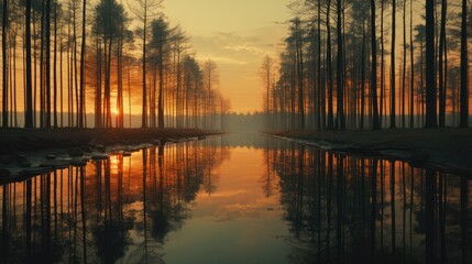  a body of water surrounded by trees with the sun setting in the background and a reflection of the trees in the water.