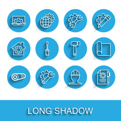 Set line Timing belt kit, Wrench spanner and gear, Laptop, Worker safety helmet, Document settings pen, Screwdriver, Graphing paper for engineering and Hammer icon. Vector