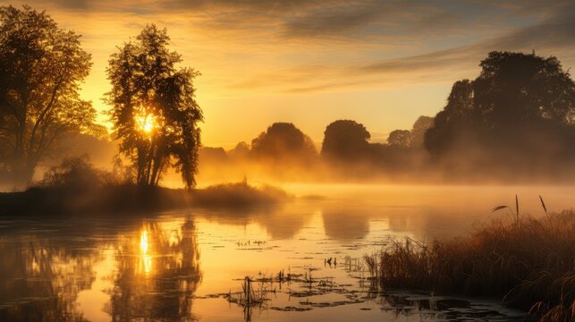  a body of water with trees in the background and a foggy sunset in the middle of the picture with the sun shining through the clouds.