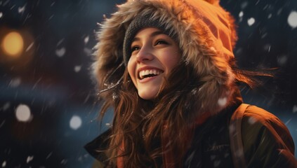 A Joyful Winter Wonderland: Smiling Woman in Fur Hat Embracing the Snowy Serenity