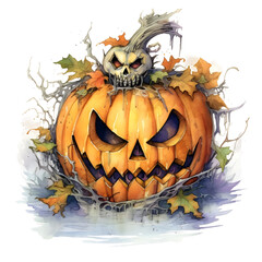 Watercolor cute clipart halloween pumpkin Jack-o'-lantern on transparent background. sublimation, tshirt, mug, pillow, tumbler, print