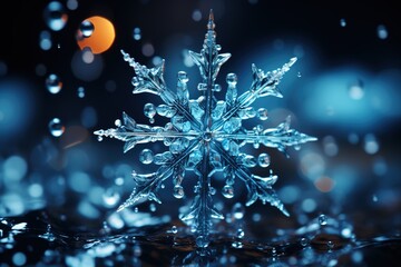 Fototapeta premium Frosty elegance: A detailed shot highlights the unique design of a single snowflake, a miniature work of art suspended in midair