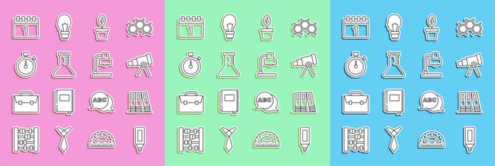 Set line Marker pen, Office folders, Telescope, Plant in pot, Test tube and flask, Stopwatch, Calendar first september date and Table lamp icon. Vector