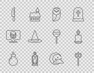 Set line Bomb ready to explode, Neptune Trident, Owl, Camping lantern, Knife, Witch hat, Moon and stars and Burning candle icon. Vector