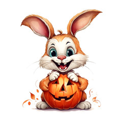 Watercolor cute clipart halloween rabbit with pumpkin on transparent background. sublimation, tshirt, mug, pillow, tumbler, print