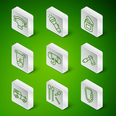 Set line Carabiner, Matches, African buffalo head, Elephant, Rhinoceros, Flashlight, Off road car and Wooden axe icon. Vector