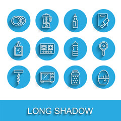 Set line Wine corkscrew, Microwave oven, Plate, Grater, Kitchen timer, Gas stove, Frying pan and Pepper icon. Vector