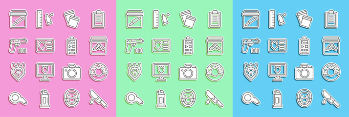 Set line Bloody knife, Donut, Evidence bag with gun, Plastic ziplock, Police badge case, Pistol or, and Dictaphone icon. Vector