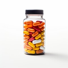 A clear bottle filled with colorful red and yellow vitamins or capsules, tightly sealed with a white lid, against a plain white background.