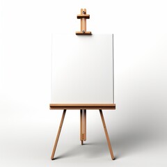 Classic wooden easel with a blank white canvas, standing upright, isolated on a white background, ready for an artist's creation.
