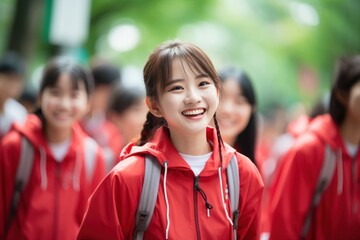Students Grinning in Harmony Wearing Vibrant Red School Attire
