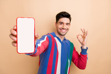 Close up shot of young man show okey symbol promoting food delivery application on smartphone...
