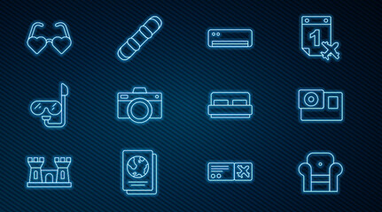 Set line Armchair, Action camera, Air conditioner, Photo, Diving mask and snorkel, Heart shaped love glasses, Hotel room bed and Snowboard icon. Vector