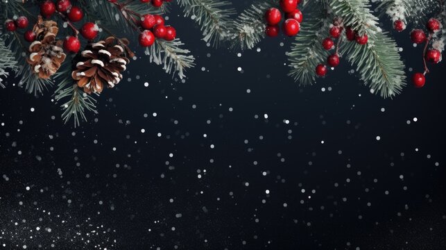 Banner with a black background with a Christmas tree and cones